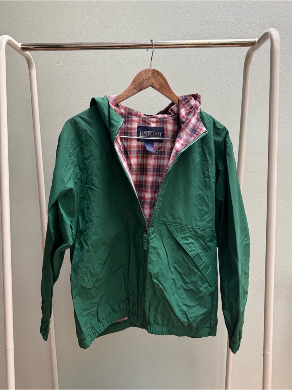 Vintage Land’s End Green Hooded Zip Windbreaker/Rain Jacket with Flannel Lining